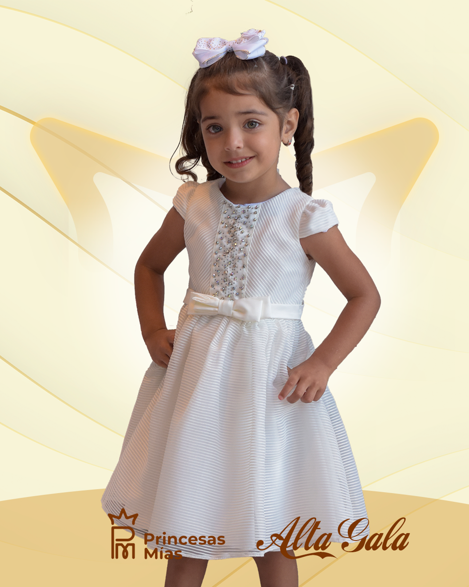 Vestido Gala Blanco con Perlas y Lazo Satinado 20180