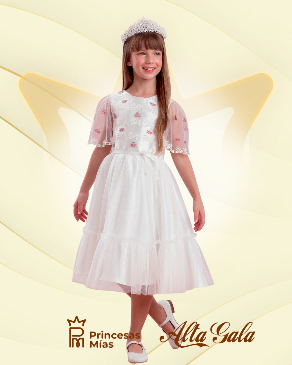 Vestido Blanco con Bordado Floral y Tul 20146