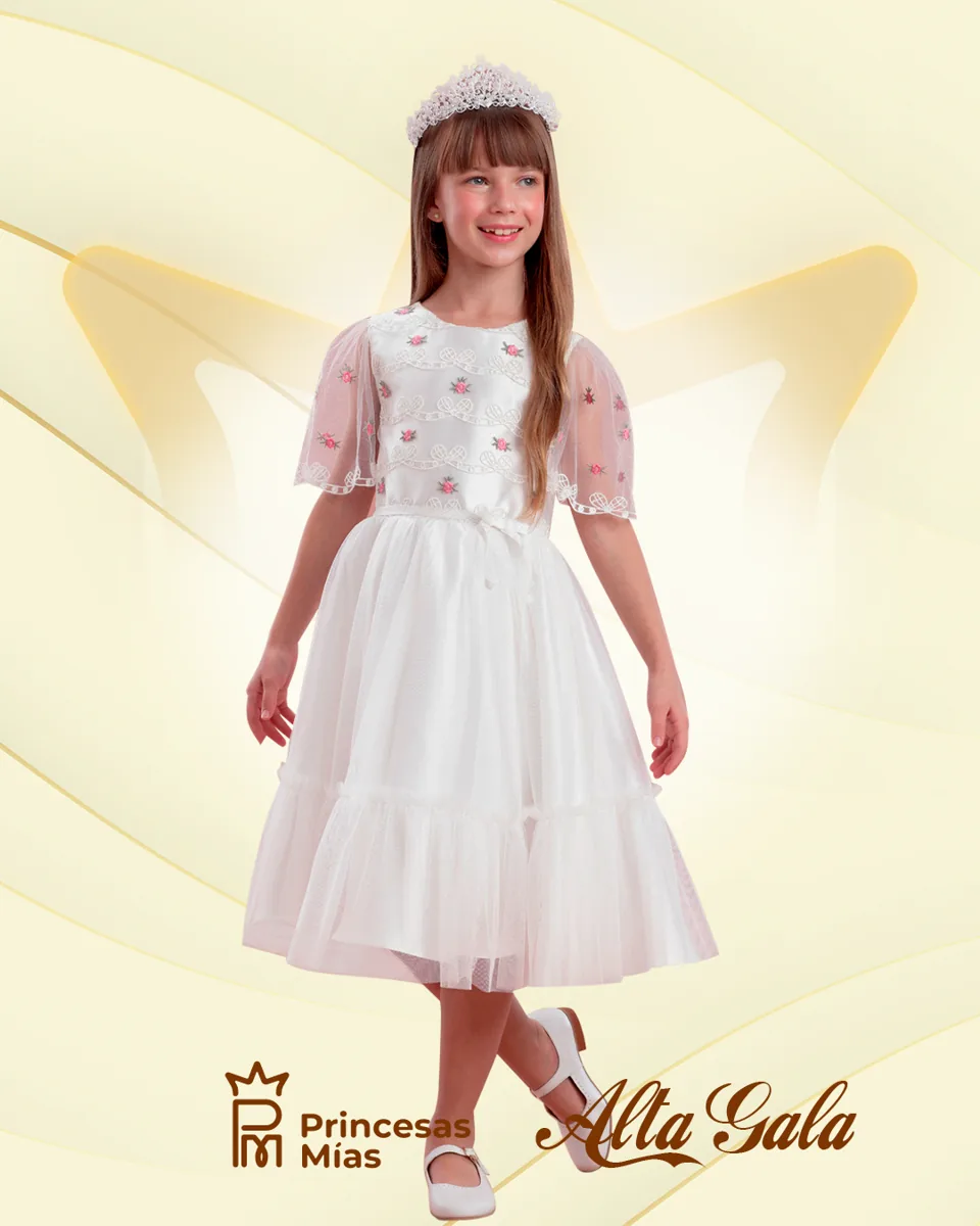 Vestido Blanco con Bordado Floral y Tul 20146