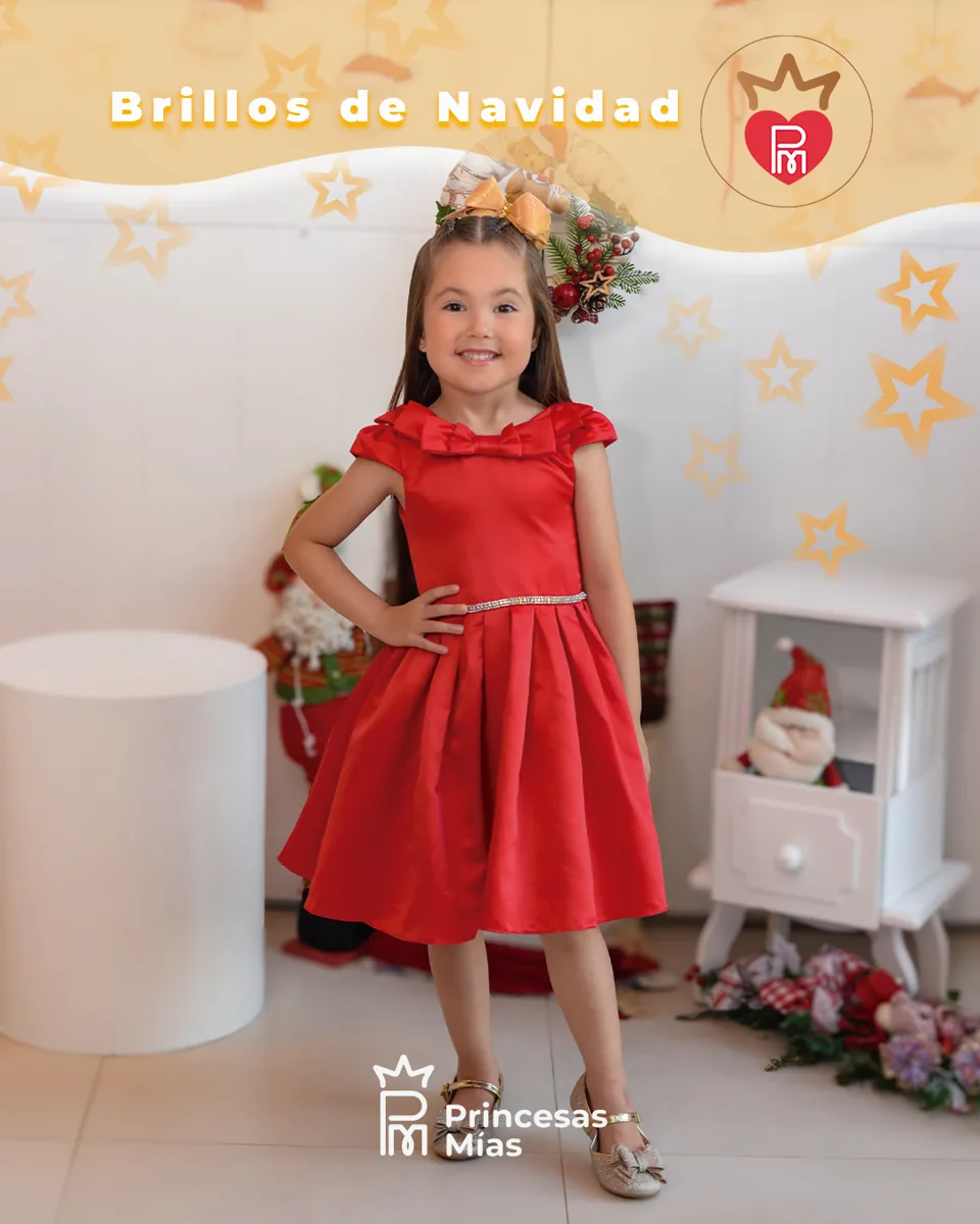 Vestido rojo de gala con lazo y falda con vuelo – Colección Brillos de Navidad