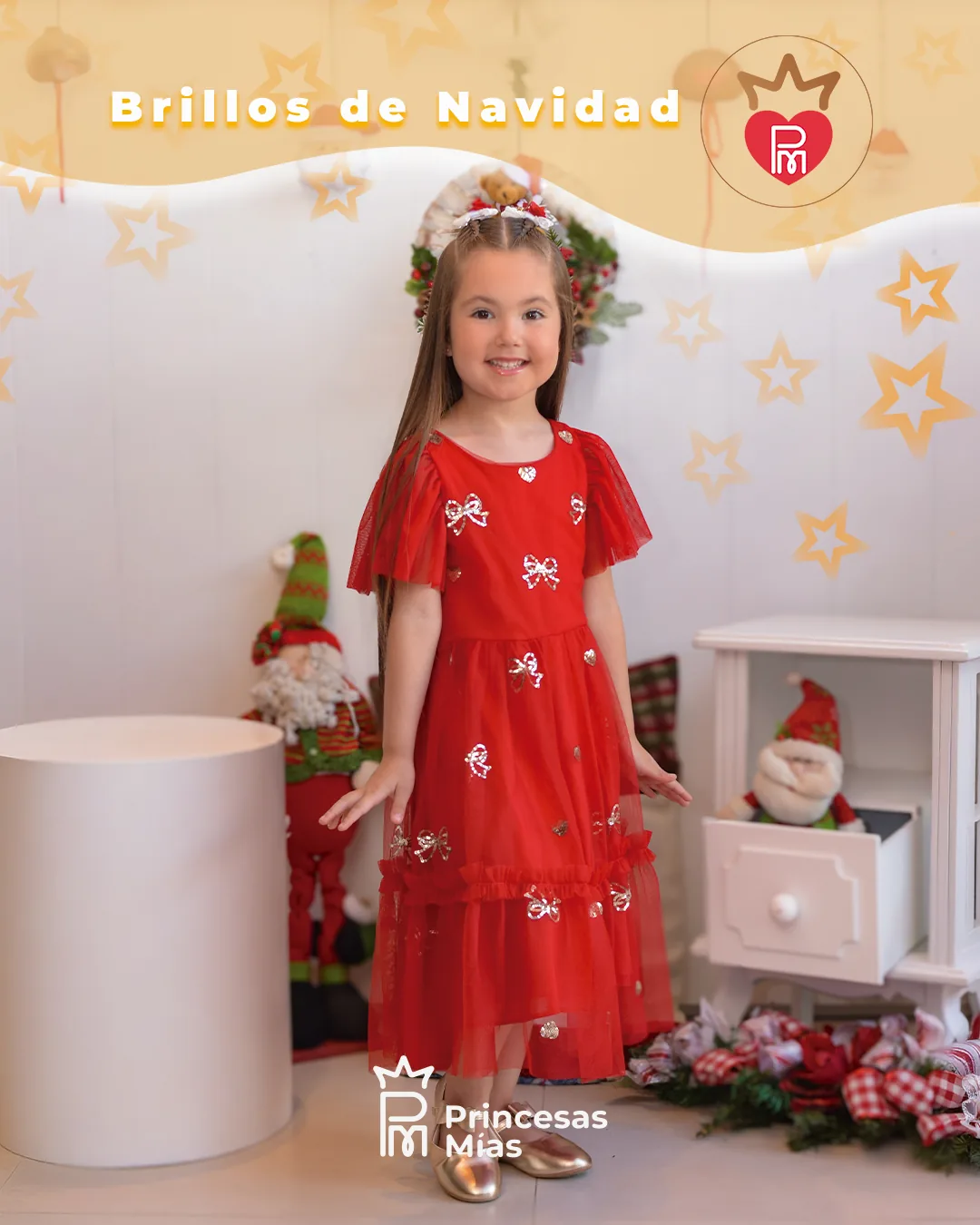Vestido largo rojo con tul y lazos brillantes – Colección Brillos de Navidad