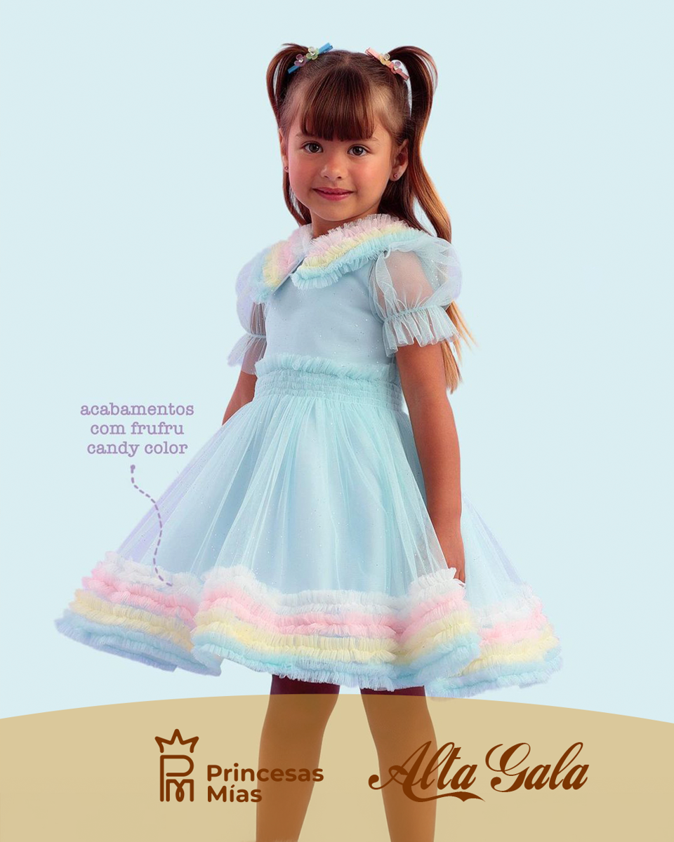 Vestido Petit Cherie Azul Pastel con Volados Multicolores 22254