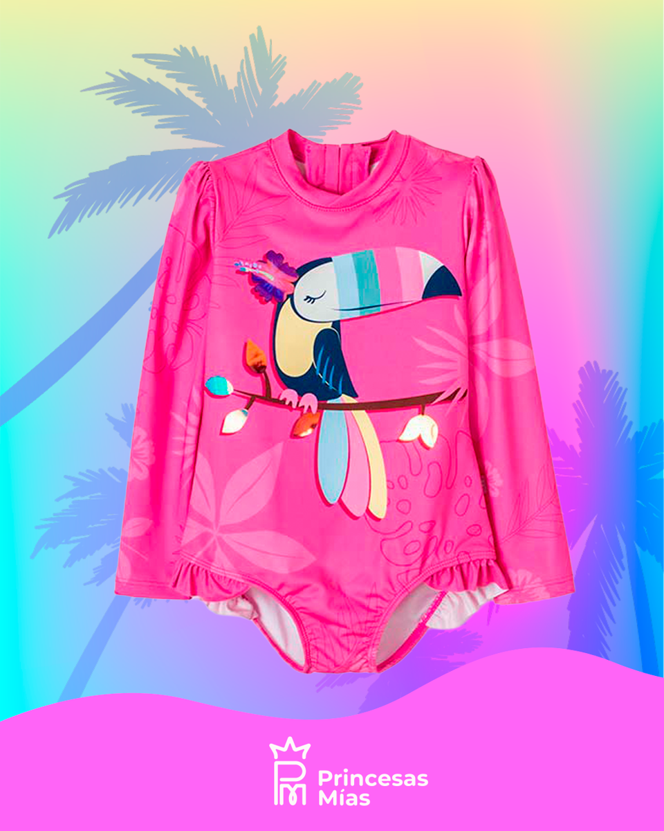 Traje de baño entero manga larga Tucán – Rosa UV50