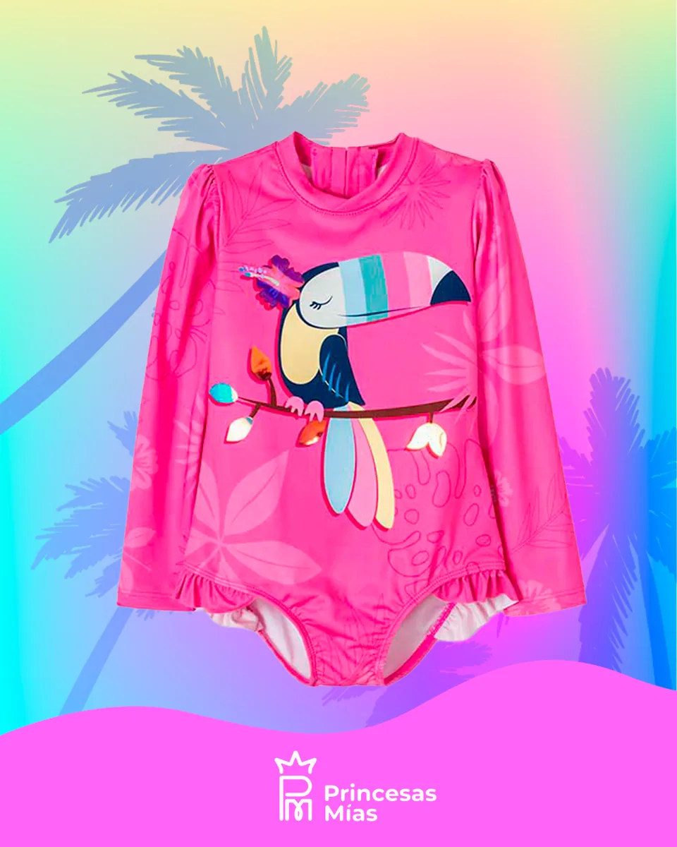 Traje de baño entero manga larga Tucán – Rosa UV50