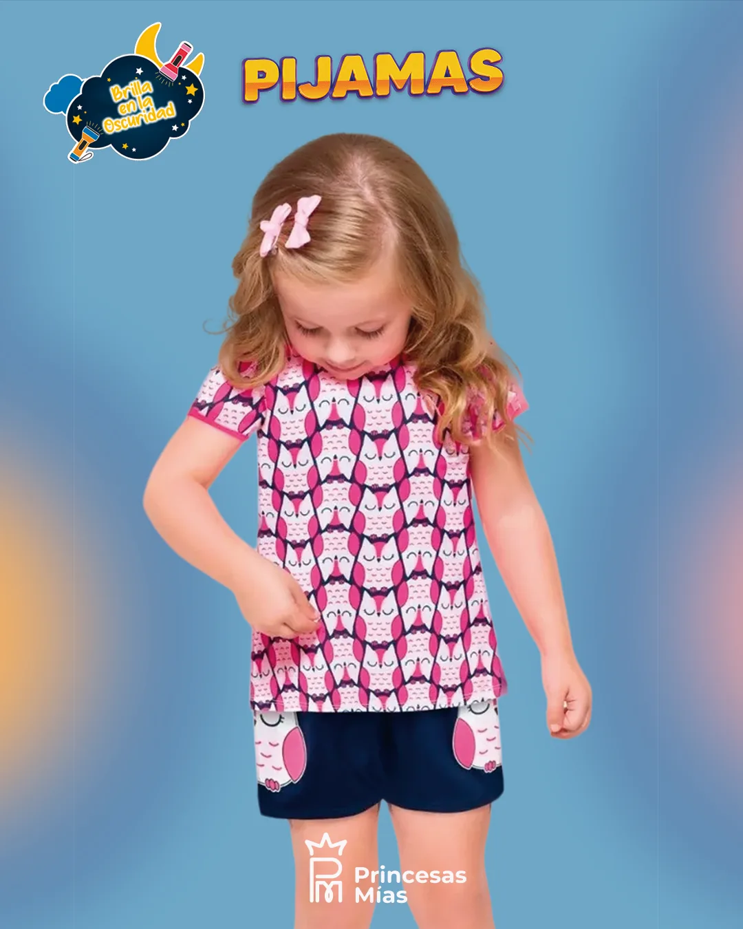 Pijama Kyly Infantil “Búhitos” – Remera + Short Azul (Brilla en la oscuridad) 110577